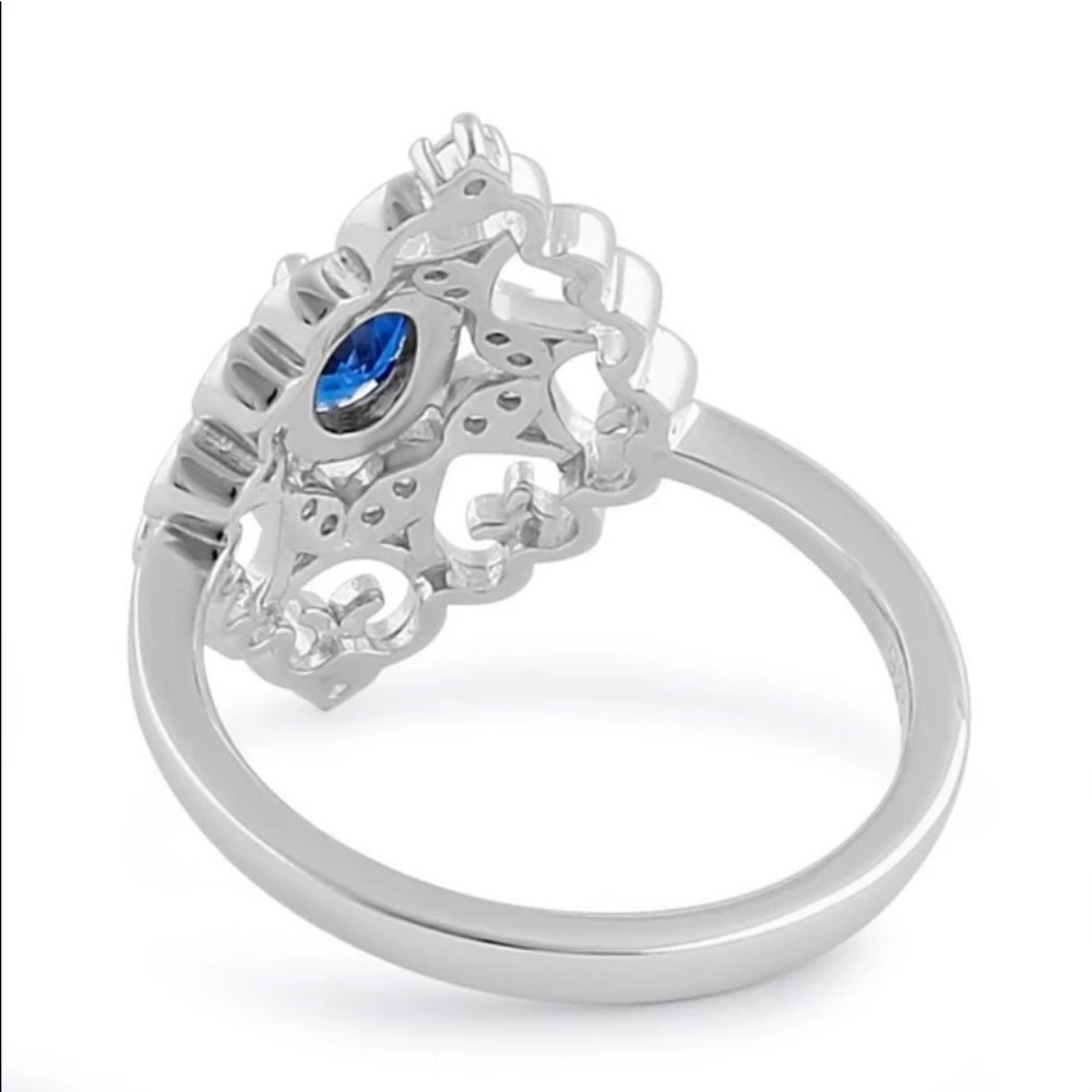 925 STERLING SILVER Simulated Blue Sapphire Cubic Zirconia Filigree Ring - Picture 16 of 16